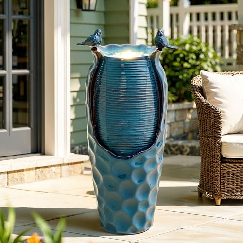 Autodaya 33" Vase Ceramic Outdoor Water Fountain with Lights and Birds