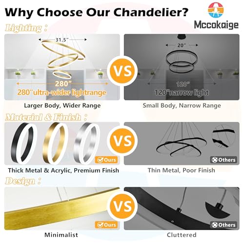 31.5" 3 Ring Modern Led Pendant Light Gold Modern Led Chandelier Contemporary Ring Chandeliers Dimmable Chandeliers Color Temperature Adjustable Height Hanging Chandelier for Living Room