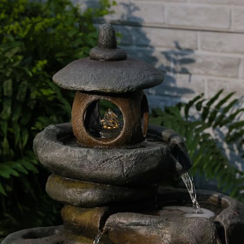 25.2" H 4 Tiered Pagoda and Imitation Rock Outdoor Water Fountain