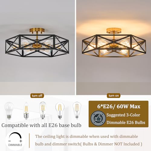 Black and Gold Modern Farmhouse Semi Flush Mount Ceiling Light 19.7 in