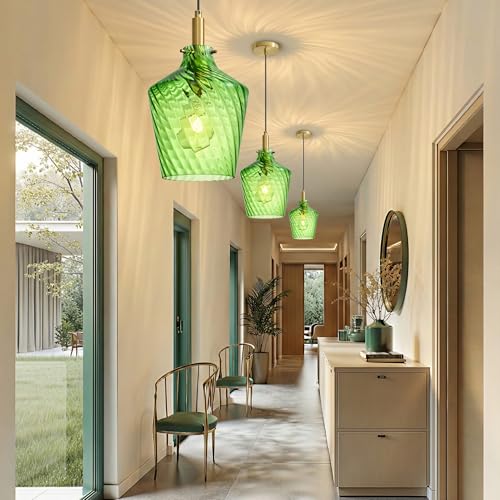 Stripes Green Glass Pendant Light for Kitchen Island Gold 8 Inch 1 Pack