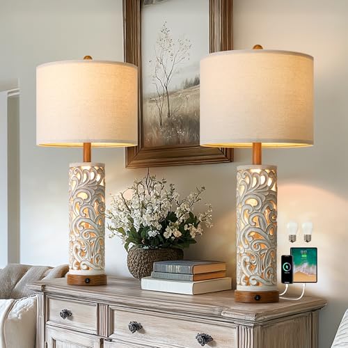 2-in-1 Light Table Lamp Set of 2 for Living Room, 28.5" Farmhouse Bedside Lamps with USB Charging Port, Main&Night Light & Dual Switches, Nightstand Lamp for Bedroom Home Office(Bulb Included) (2 Count)