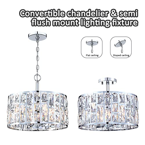 Farmhouse Crystal Convertible Chandelier and Semi Flush Mount Lighting Chrome Cylinder Drum Shade Pendant for Kitchen Island Dining Room Bedroom Hallway