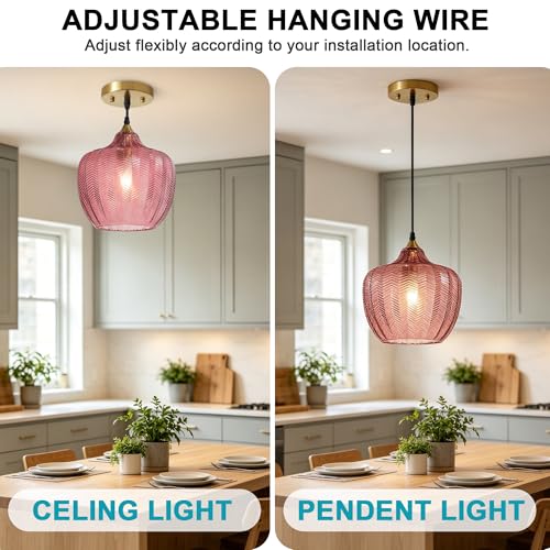 Pink Glass Pendant Lights Kitchen Island Gold Hanging Ceiling Light 9.45"