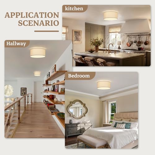 13 Inch Flush Mount Ceiling Light with Burlap Linen Drum Shade