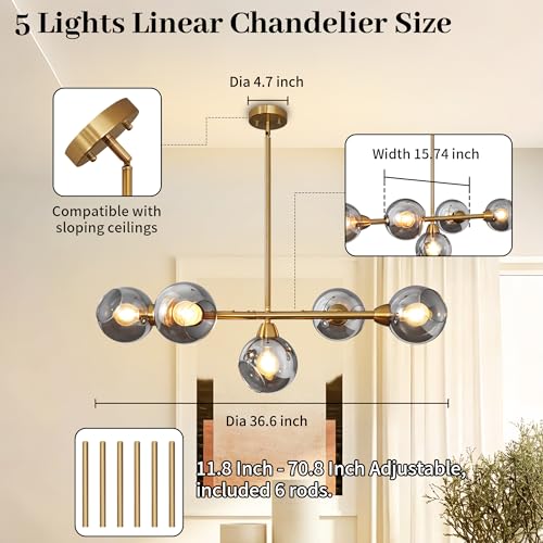 5 Lights Gold Linear Chandelier Modern Dining Room Light Fixture 36.6 Inch