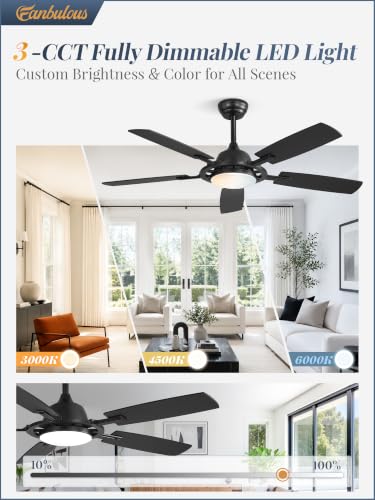 52 Inch Black Ceiling Fans with 3CCT Lights and Remote (Black / 52")