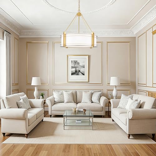 20.4'' Gold Drum Chandelier with White Linen Fabric Shade