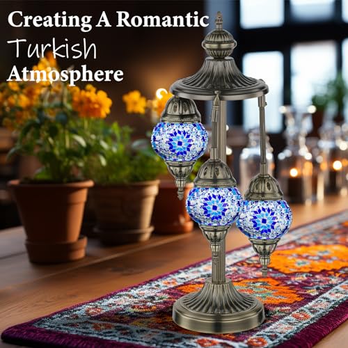 23" Turkish Mosaic Lamp Handmade 3 Globes Moroccan Table Lamp