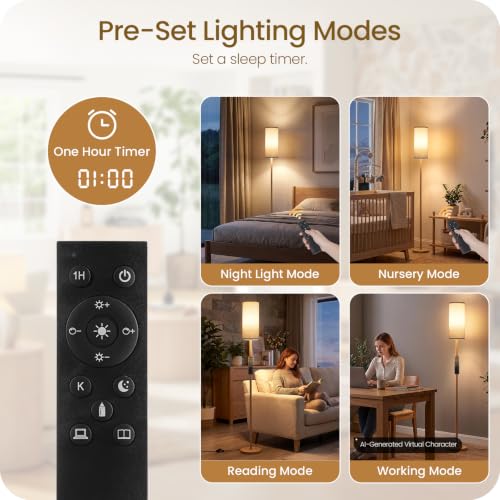 Wooden Textured Tall Slim Floor Lamp for Living Room with Remote and Foot Switch