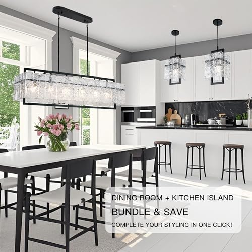 Modern Rectangle Black Crystal Chandeliers for Dining Room