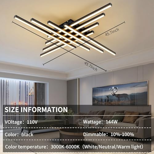 Flush Mount Ceiling Light Fixture 45.7" Modern Black Sputnik Dimmable LED Lamp with Remote Control Ideal for Bedroom Living Room Kitchen Room