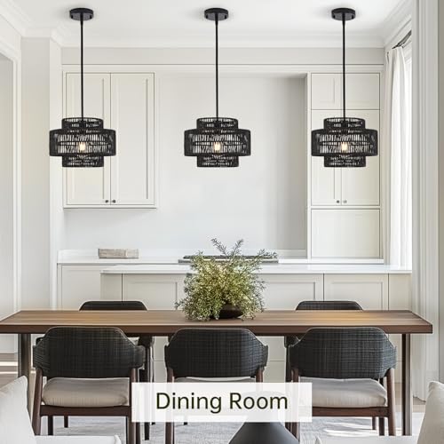 12.4" Black Rattan Pendant Light for Kitchen