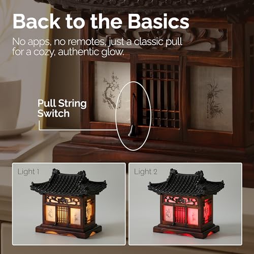 Carved Wood Table Lamp Handmade Traditional Korean House Pavilion Pagoda Design Art Deco Lantern Brown Asian Oriental Bedside Bedroom Lamp Accent Unusual Light