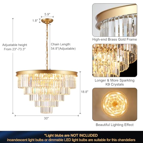 Large Crystal Chandelier 30”Modern Gold Foyer Chandeliers Light Fixture