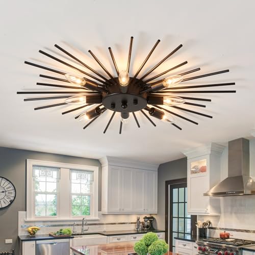 Semi Flush Mount 8 Light Ceiling Light Modern Metal Ceiling Lighting Black Light Fixture for Farmhouse Kitchen Dining Room Bedroom Hallway Living Room