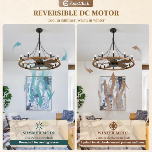 Farmhouse Wagon Wheel Chandelier with Fan 35" Rustic Wood Ceiling Fan Light