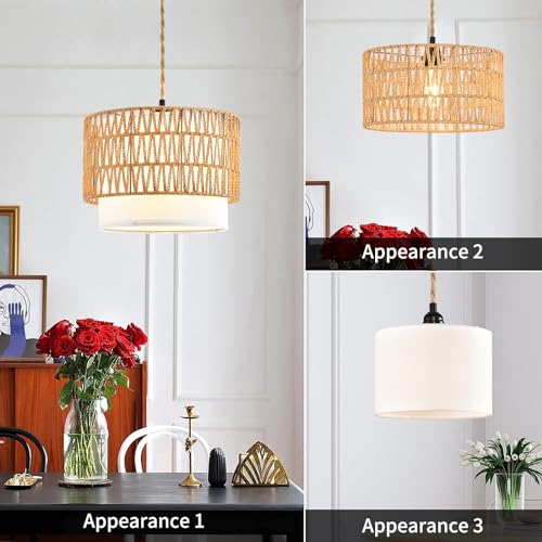 Boho Plug in Pendant Light Rattan Hanging Lights with Plug in Cord (White-circular column / 12)