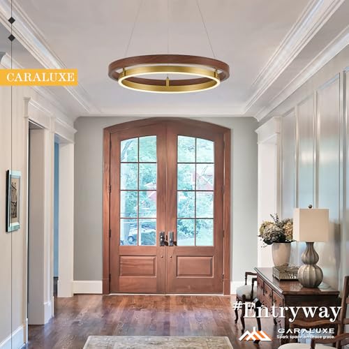 LED 2 Ring Brass Gold Chandelier Dimmable Up Down Light Gold Walnut Wood