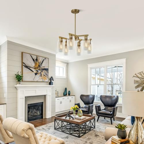 6 Light Modern Farmhouse Gold Chandelier with Clear Glass Shade