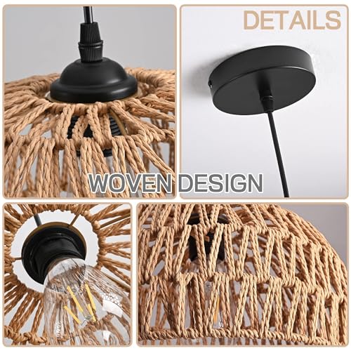 Hemp Rope Woven Pendant Light Woven Light Fixture Boho Chandelier Light Fixture Wicker Pendant Lights Rattan Lights Pendant Dome Wicker Chandelier for Dining Room Kitchen Island