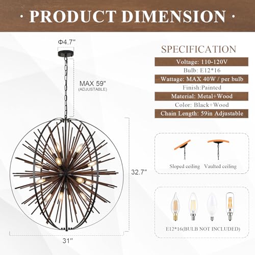 31" 16 Light Farmhouse Wood Sputnik Chandelier Black Hanging Light