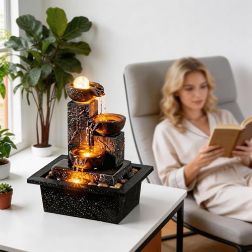 Three Bowls with Rotating Ball Flowing Tabletop Fountain Home Décor Indoor Decor Waterfall Sound Zen Mini Fountain Warm Led Light Pebbles Stone