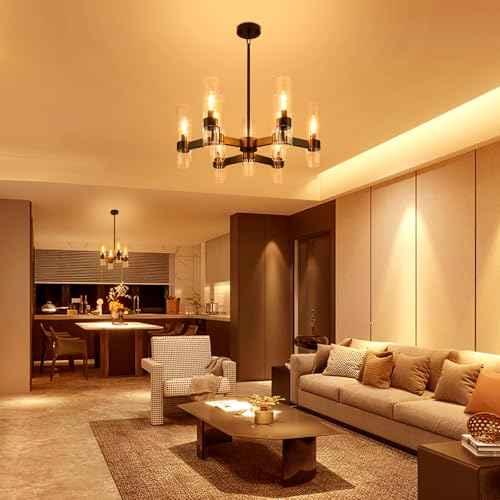 9-Light Black Farmhouse Chandeliers for Dining Room Light Fixture 28" | Modern Chandelier Over Table with Clear Glass Cover for Living Room Kitchen Island Bedroom Foyer Hallway Bathroom Restaurant