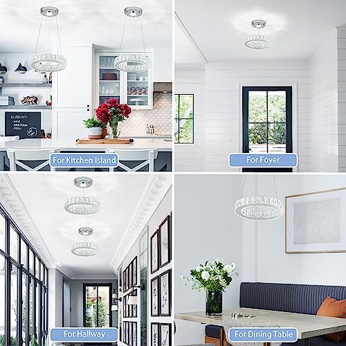 11.8" Crystal Chandelier LED Round Flush Mount Ceiling Light Fixture Modern Hanging Pendant Lighting Mini Ring Chandeliers for Dining Room Kitchen Island Hallway Bathroom