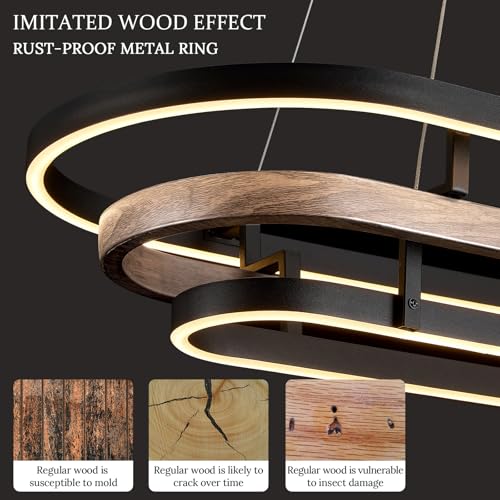 3 Ring LED Chandelier Modern Chandeliers Walnut Wood Black Dimmable 39''