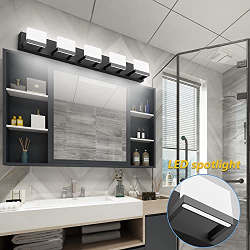 5 Lights Modern Black Vanity Light Up and Down Black LED Vanity Light Fixtures Bathroom Wall Light Over Mirror 6000K