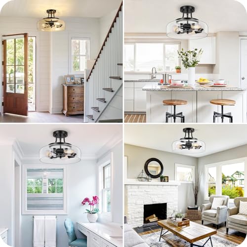 Modern Industrial Semi Flush Mount Ceiling Light with Clear Glass Shade