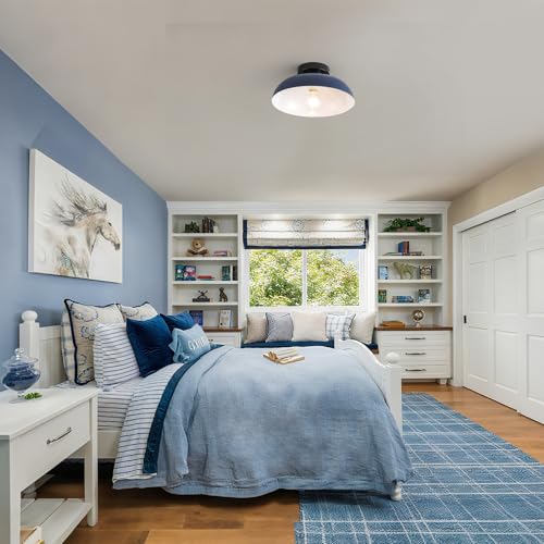 12 Inch Metal Semi Flush Mount Ceiling Light Fixture Industrial Small Ceiling Lights Kitchen Lighting Fixtures Ceiling with Navy Blue Shade for Hallway Entryway Bedroom Foyer Bathroom Laundry Room