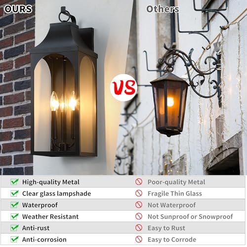 22-Inch 3-Light Outdoor Porch Wall Lantern, Black Exterior Light (2 Count)
