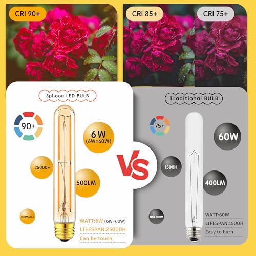 Tubular Light Bulb 7.3IN Dimmable T10 LED E26 6W 60 Watts Edison Bulb Amber (4 Count)