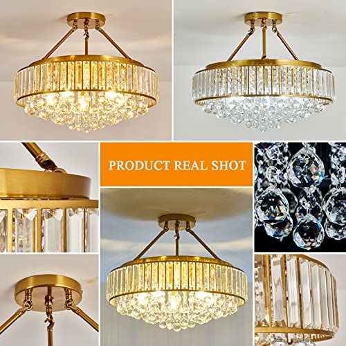6 Light Modern Large Crystal Chandelier Gold Metal E26 Semi Flush Mount Round Ceiling Light Fixture Ceiling Lamp Farmhouse for Dining Room Living Room Laundry Room Foyer Kitchen Bedroom