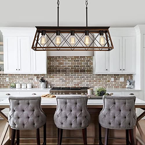 Farmhouse Rustic Chandelier Light Fixtures Bronze 5 Lights Linear Rectangular Chandelier Pendant Light Fixtures for Dining Room Kitchen Island Pool Bar Office Living Room Entryway UL Listed
