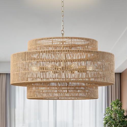 31.5"Large Boho Rattan Farmhouse Chandeliers for Dining Room