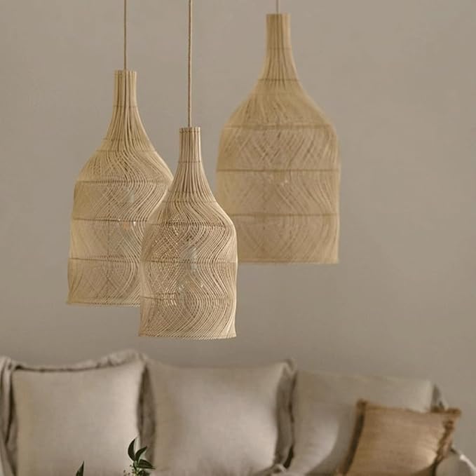 Wabi-Sabi Style Rattan Pendant Light, Handwoven Bottle Shape Hanging Lamp, Natural Bohemian Style Bedroom Hanging Light Fixture with E27 Base for Tea Room Living Room Bedroom Guesthouse