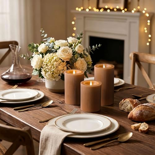 Brown Ribbed Moving Flame Flameless Pillar Candles with Remote (Warm Brown)