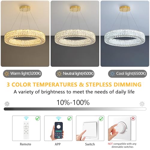 24 Inch Chandelier Glam Dimmable Crystal Chandeliers Luxury Remote Ceiling Pendants Lighting Fixtures for Dining Room Bedrooms Gold