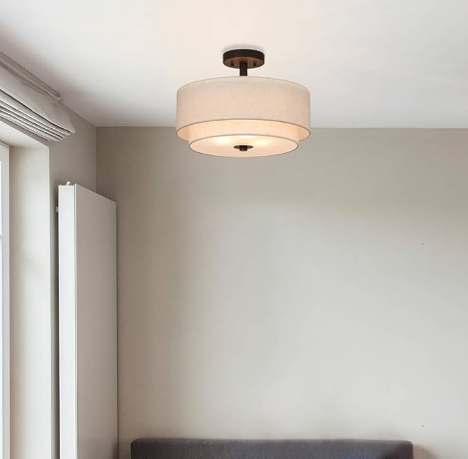 XiNBEi Lighting Drum Semi Flush Light, 3 Light Semi Flush Mount Ceiling Light Fixture with Fabric Shade Modern Close to Ceiling Light for Bedroom & Living Room Dark Bronze Finish XB-SF1289-DB - Aura Lighting