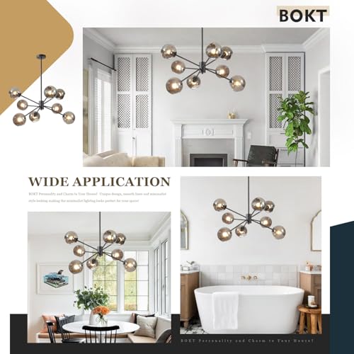 8 Lights Mid Century Modern Matte Black Chandelier Glass Globe Sputnik Chandelier Large Smoke Gray Ball Sputnik Hanging Pendant Light Kitchen Island Living Room Dining Room Bedroom Light Fixture