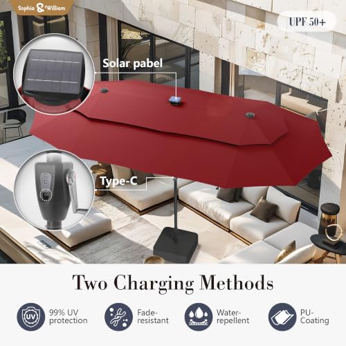 13ft 2 Tier Patio Umbrella with Solar Lights & Base