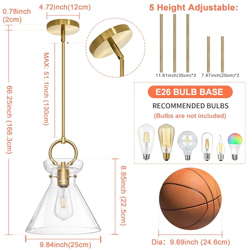 Gold Pendant Lights Kitchen Island 9.84'' Clear Glass Shade