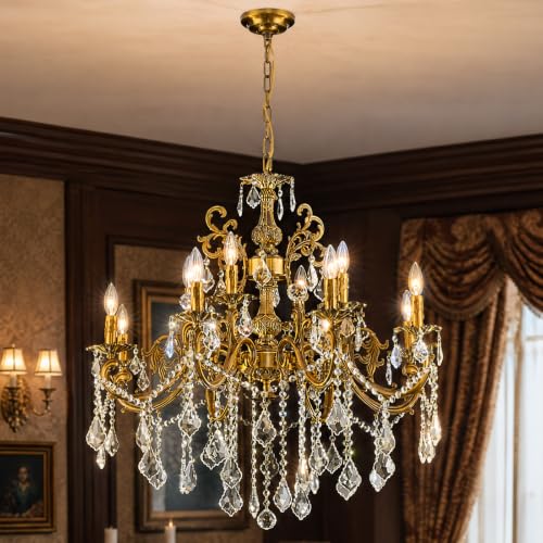 Vintage 8 Arms Crystal Chandelier Candle Light Fixture for Dining Room Living Room Bedroom Hallway Entryway Antique Gold Finish