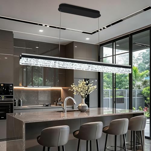 Black Modern Chandelier for Dining Room 47in Led Linear Pendant Lights Kitchen Island Lighting Minimalist Dimmable Ceiling Hanging Pendant Chandelier Light Fixture with Remote