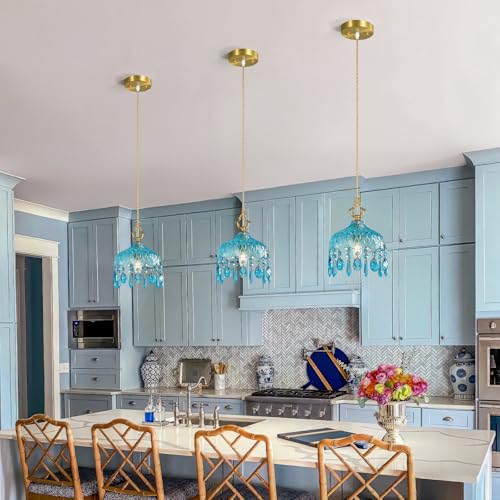 Brass Vintage Pendant Light Blue Crystal Hanging Light Fixtures (2 Count)
