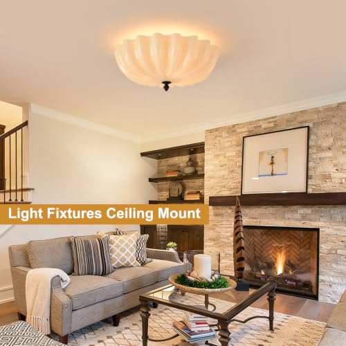15.7in Cream Glass Ceiling Light Flush Mount Flower Shade 3 (Black & Cream / 15.7in)