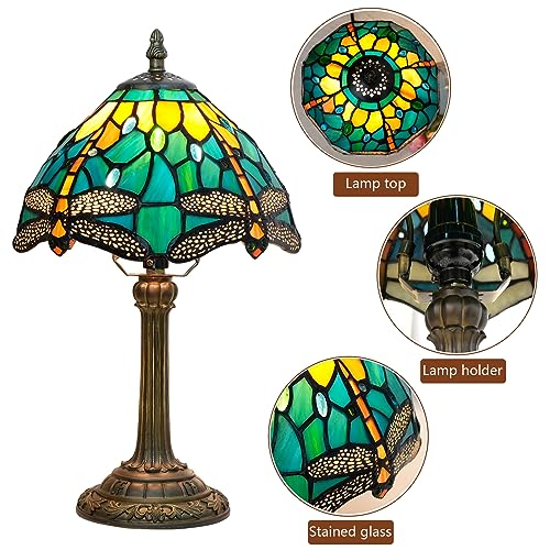 Tiffany Lamp Style Stained Glass Table Lamp Teal Dragonfly Green Bedroom Bedside Light for Office Dorm Bar Decor Retro Unique Cute fun Small Night Light Gift Aesthetic Accent Village Nightstand Lamps